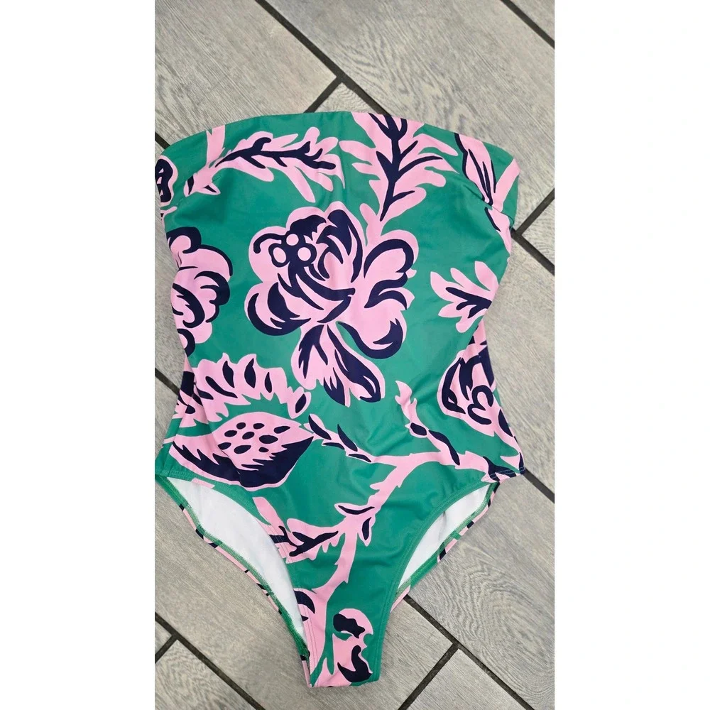 Boden Green Pink Floral Halter One Piece Swimsuit Size 36C S0356
